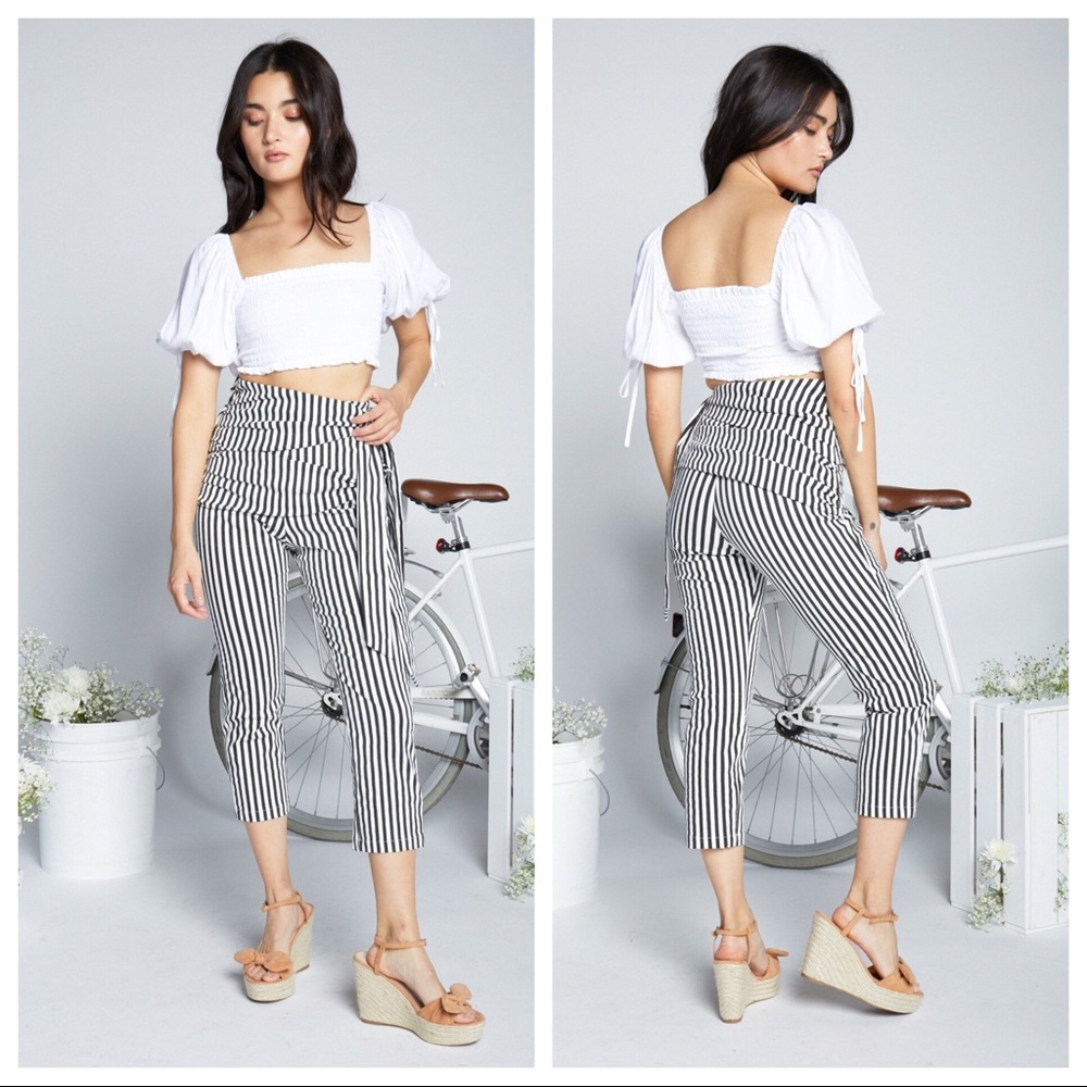 Eggie Black and White Striped Crop Wrap Pants NWT